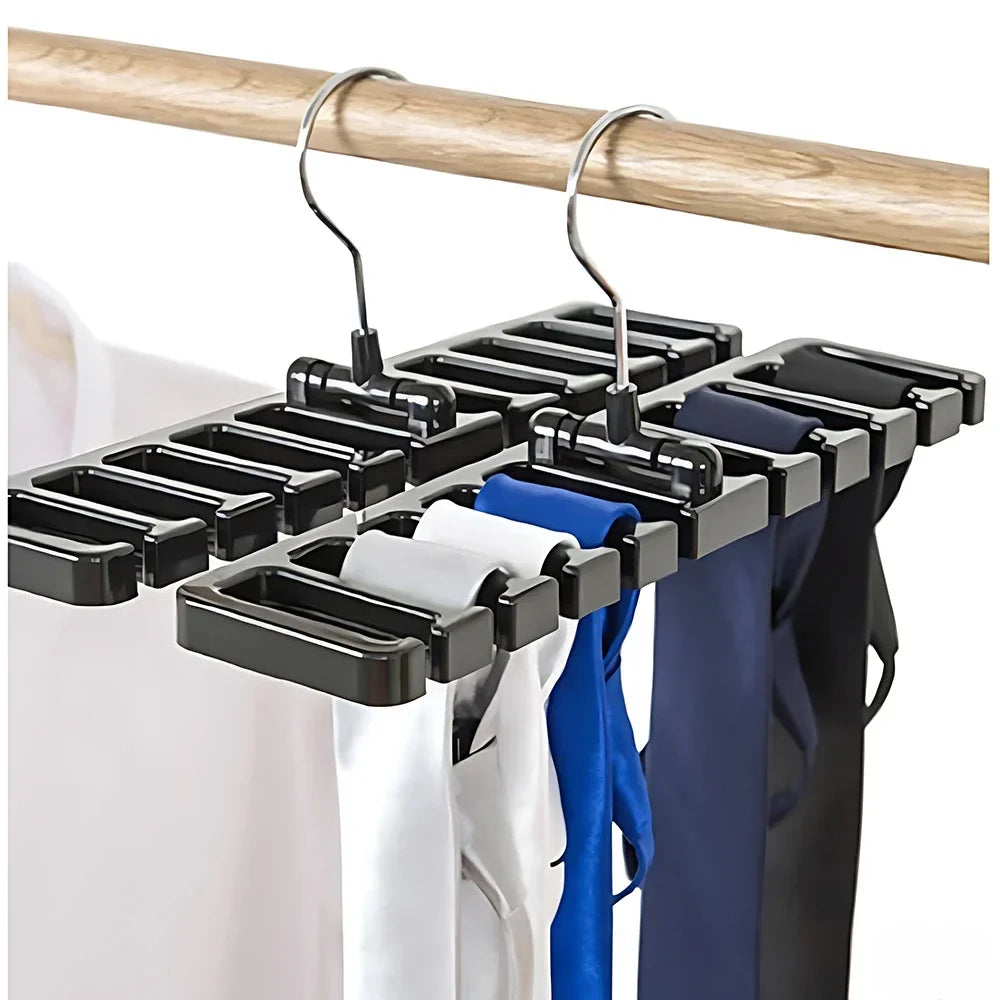 Black plastic hanging rack with multiple hooks for organizing belts and ties