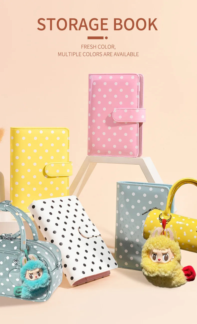 A collection of colorful polka dot storage books and wallets in pink, yellow, blue, and white.