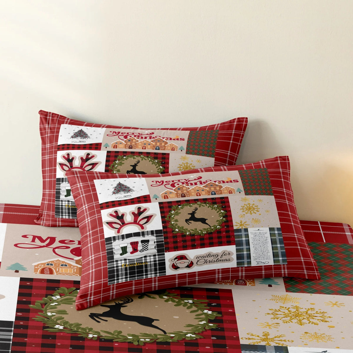 Holiday Plaid Reindeer Duvet Cover Set - Ultra-Soft Cozy Bedding