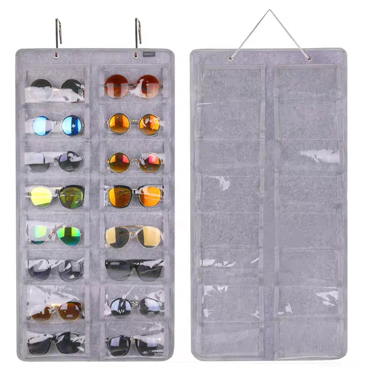 A felt eyewear organizer with sixteen slots for storing and hanging sunglasses.