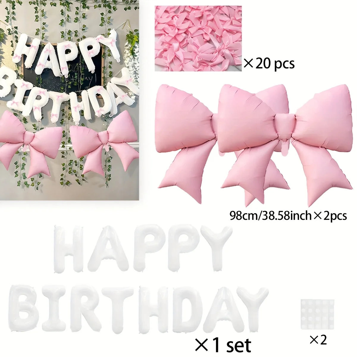 White Happy Birthday Banner with Pink Bow Balloons