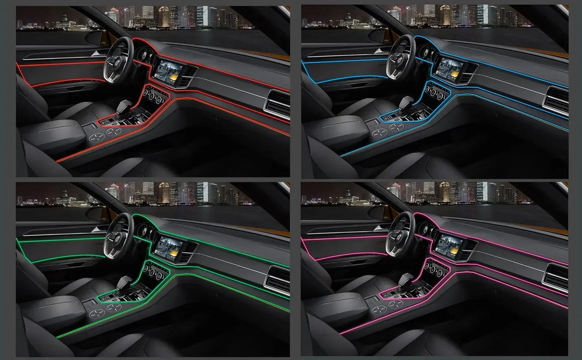 Interior view of a car dashboard showing various neon accent light strips in red, blue, and pink colors.