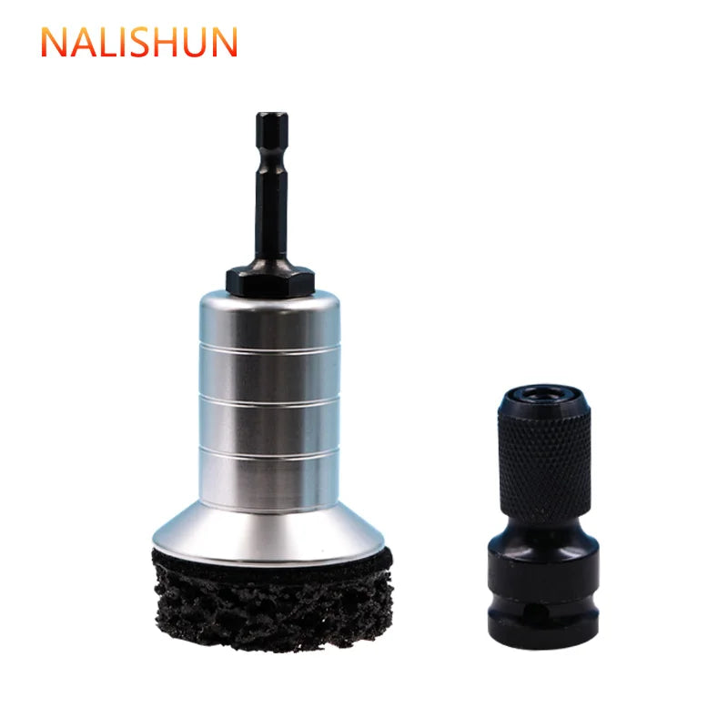 A precision wheel hub rust removal kit consisting of a metal shaft and a black rubber pad.