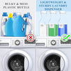 Three plastic bottles of laundry detergent with labels are shown next to a washing machine.