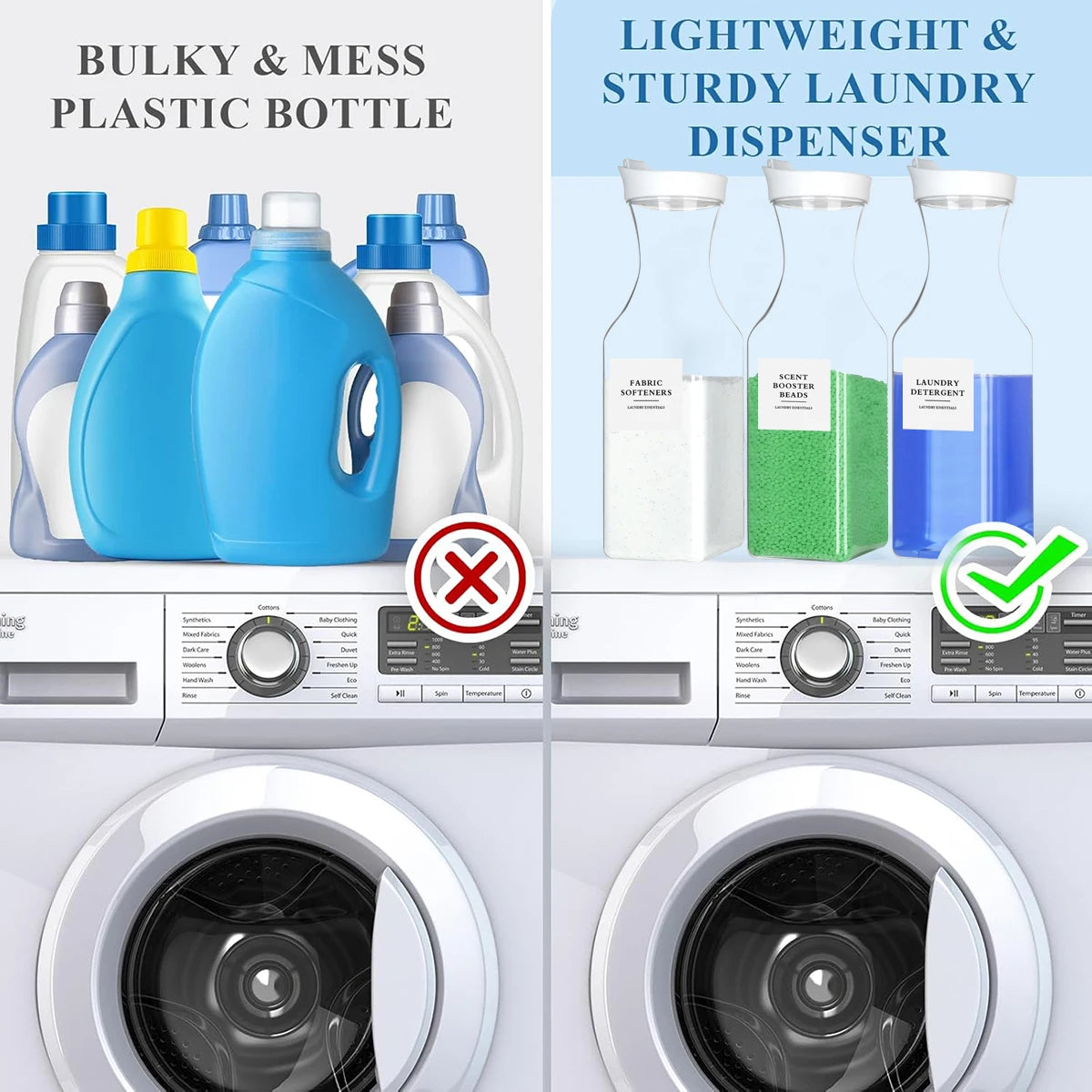 Three plastic bottles of laundry detergent with labels are shown next to a washing machine.