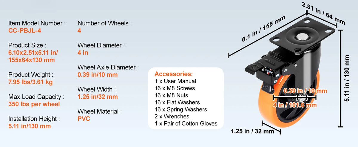 Heavy-Duty Swivel Plate Casters with Dual Locking Brakes (Set of 4)