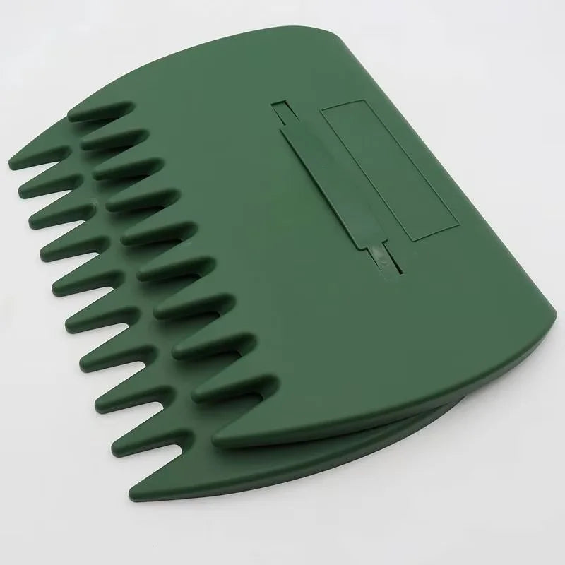 A pair of dark green ergonomic garden leaf clippers with serrated blades shown from above.