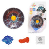 A professional aluminum yo-yo with LED lights featuring a dark, cracked disc and a blue and orange string.