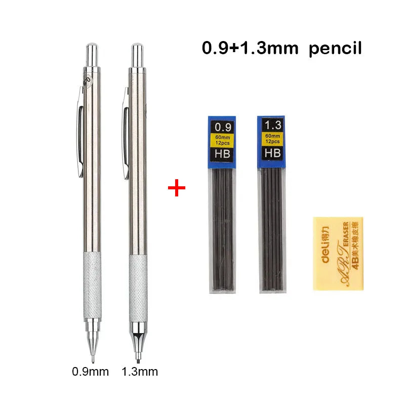 A set of 0.9 and 1.3mm HB mechanical pencils with accompanying erasers.