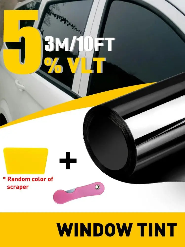 A roll of window tint film and a plastic scraper are shown with text advertising 5 3M/10FT % VLT window tint.