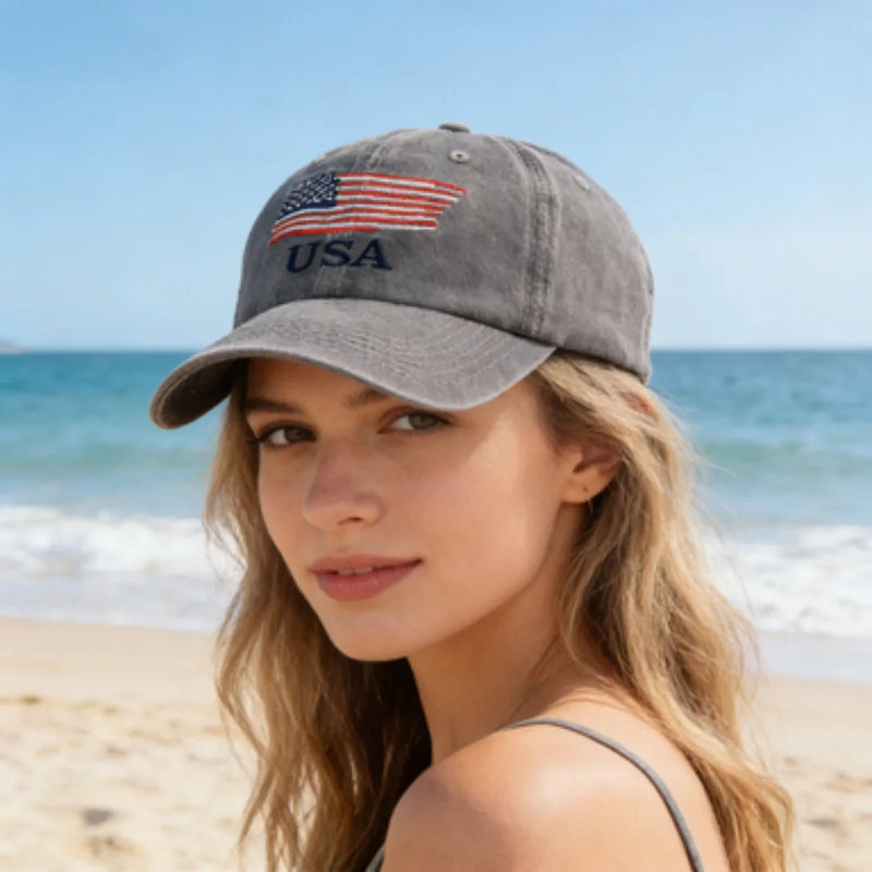 Vintage Washed Cotton Baseball Cap with Embroidered American Flag