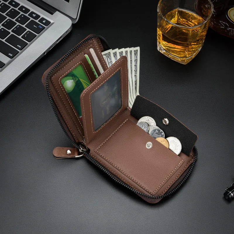 Men's Retro PU Leather Bifold Wallet with Zipper and Coin Pocket