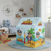 A colorful pirate adventure play castle tent for kids featuring a pirate character and tropical elements.