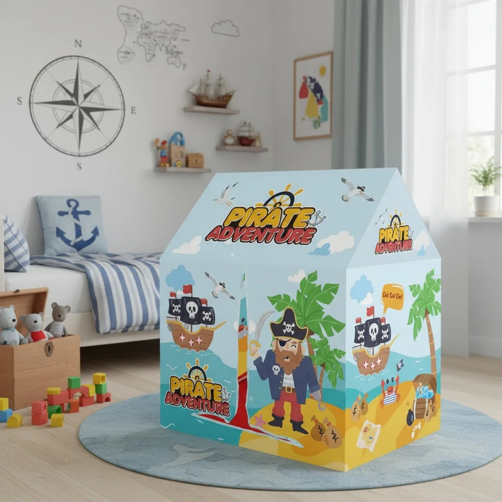 A colorful pirate adventure play castle tent for kids featuring a pirate character and tropical elements.