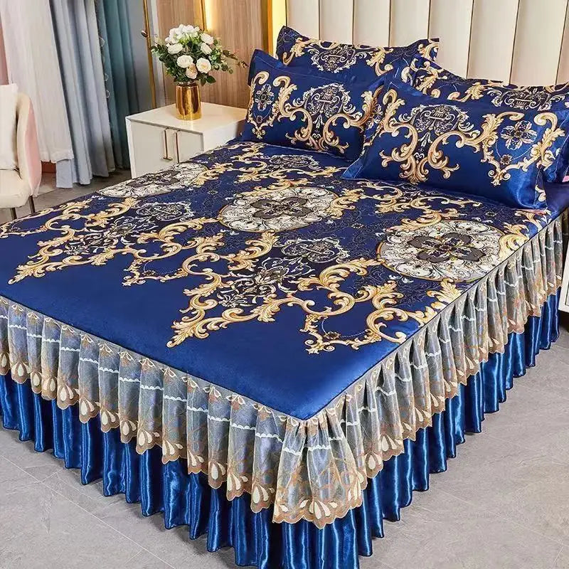 4-Piece Royal Blue Bedding Set with Bed Skirt and Pillow Covers