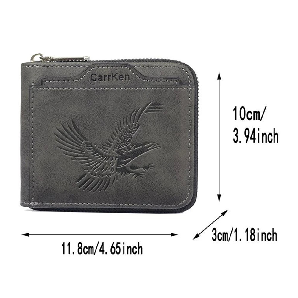 Dunkelgraves Leder-Kartenwallet mit gestanztem Adlerdesign im Vintage-Stil.