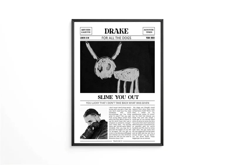 Black and white album art print of Drake's For All The Dogs featuring a portrait of a man singing.