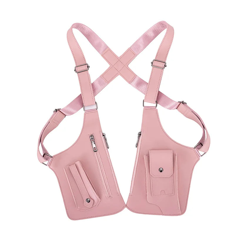 Pink anti-theft underarm wallet bag with adjustable strap shown in a flat lay view