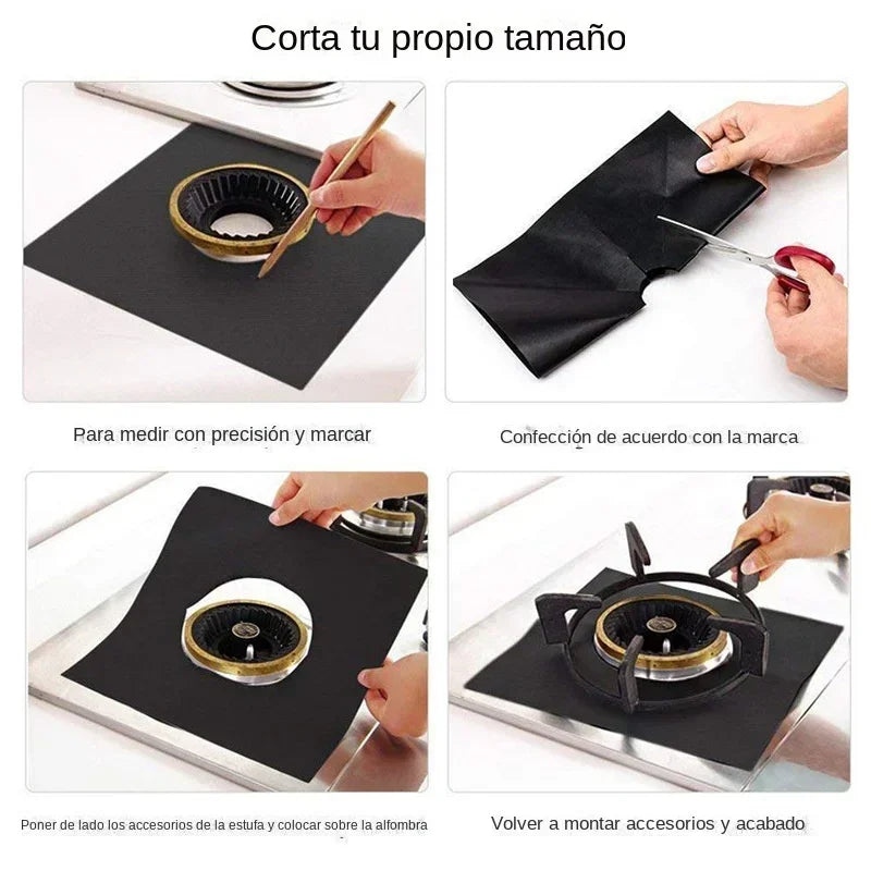 Instructions for measuring and marking reusable gas stove burner protectors, including fitting and assembly.