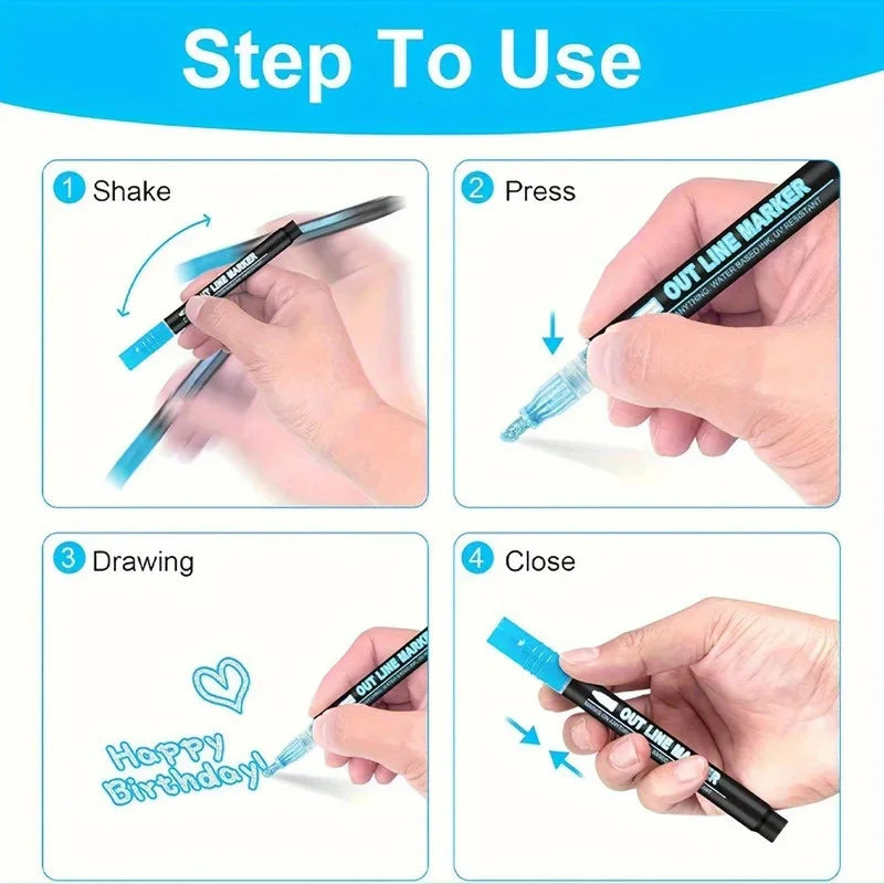 Double Line Outline Pens with Metallic Glitter (Set of 8)