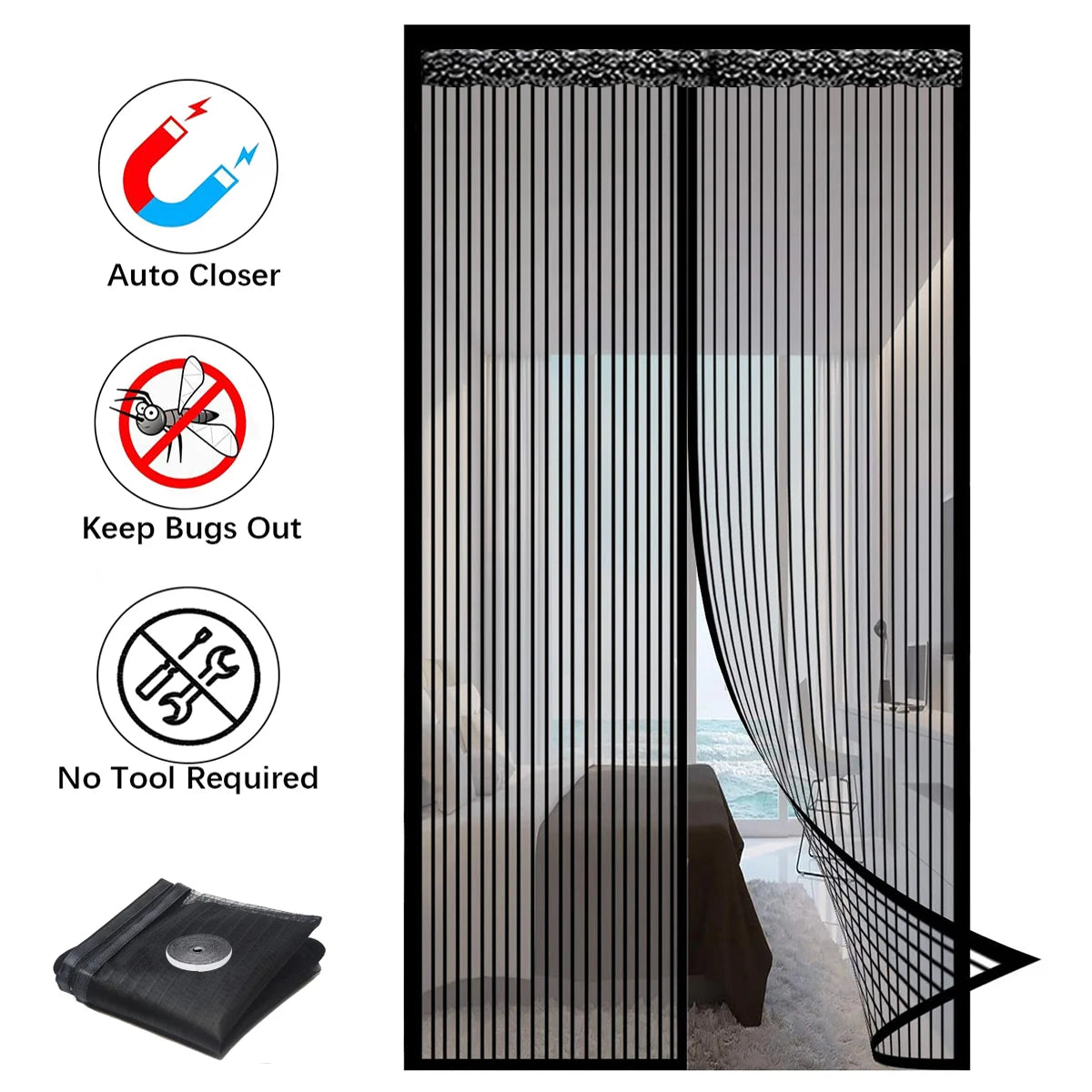 A black magnetic screen door curtain with vertical slats and an automatic closure mechanism.