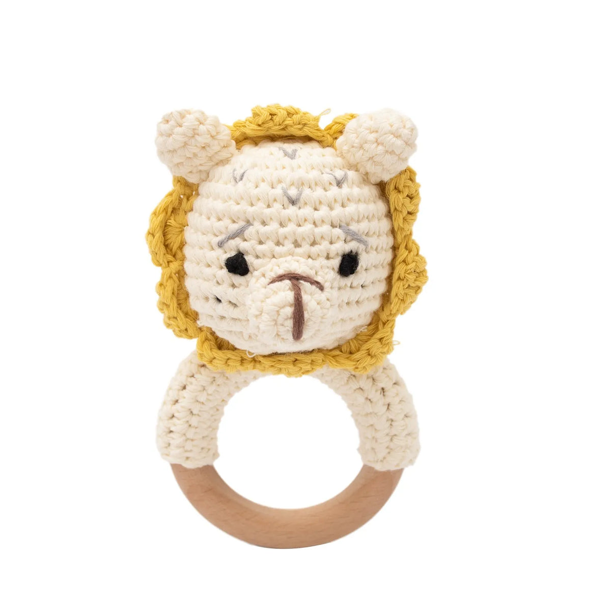 A handmade crochet bunny toy with a natural wood teether ring.
