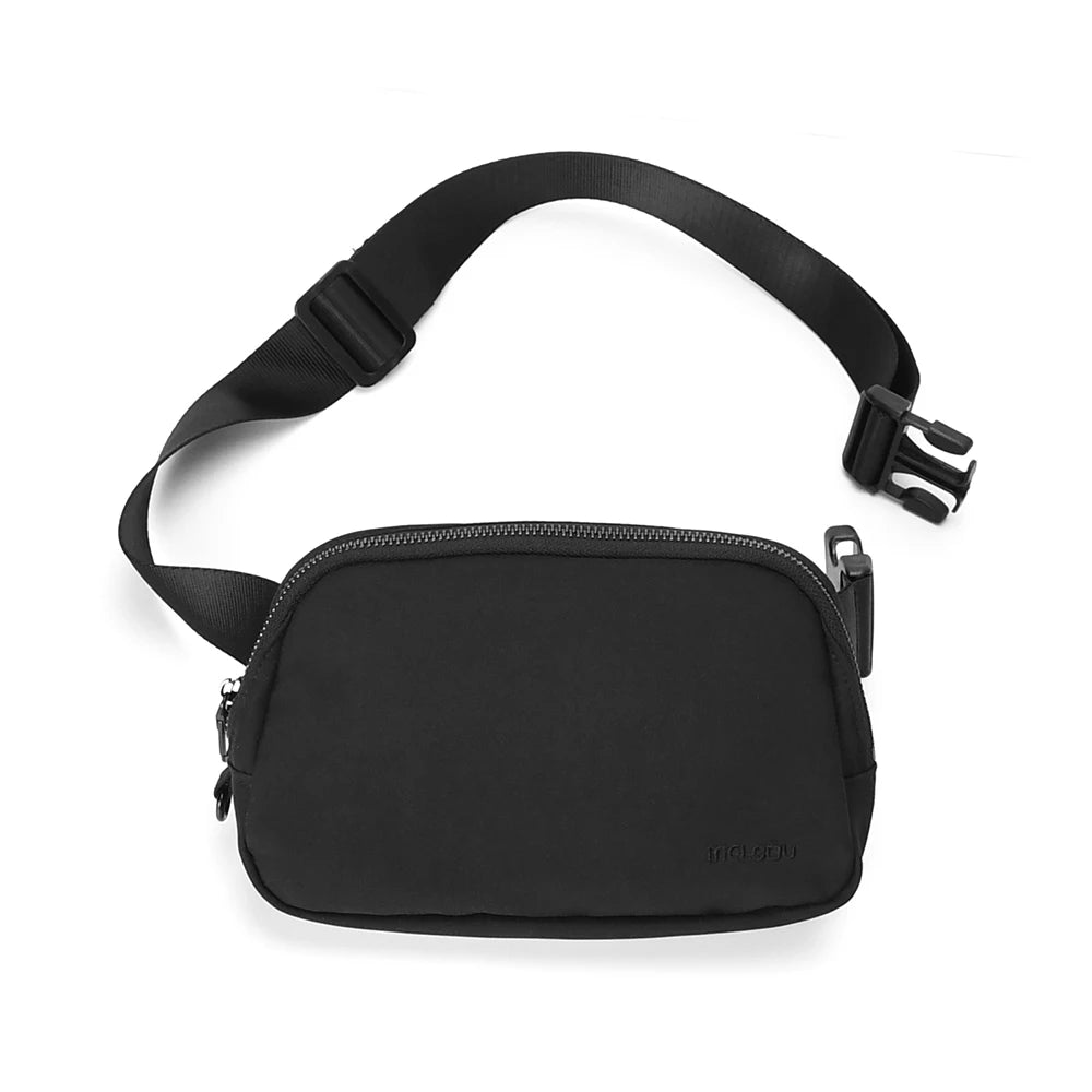 Black adjustable nylon waist pack with a zippered phone pocket shown against a white background.