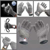 Various angles show gray cut-resistant work gloves with protective fingertips and palm pads.