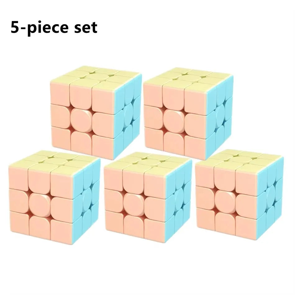 A 5-piece set of pink and blue cube-shaped puzzle pieces for a speed cube.