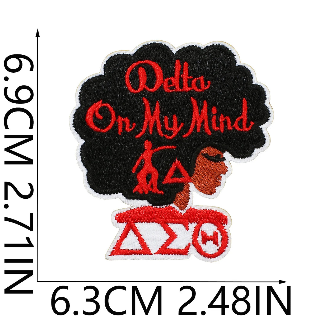 Black embroidered patch featuring the text Delta On My Mind and the Greek letters ΔΣΘ