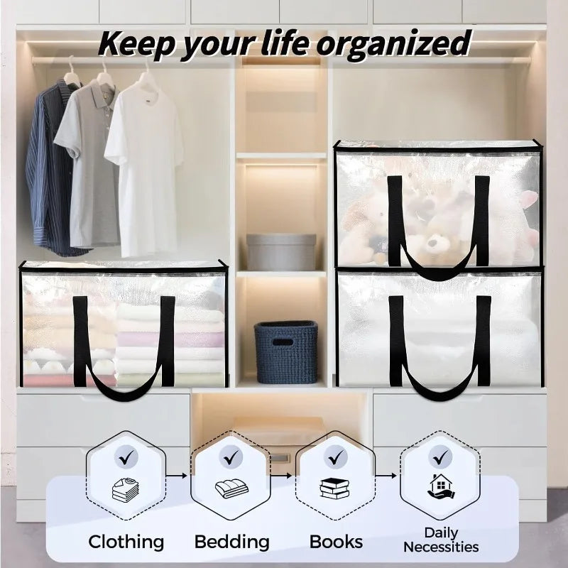 A set of extra-large heavy-duty moving bags with clear lids and reinforced handles organized in a closet shelf.