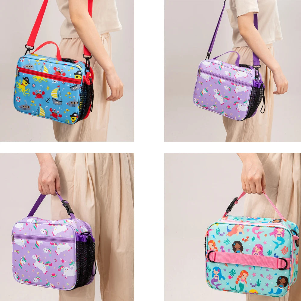 A collection of colorful insulated lunch bags in various patterns and colors being held by a person.