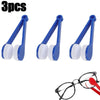 Three pairs of blue microfiber glasses cleaning tools with white tips and a pair of eyeglasses.