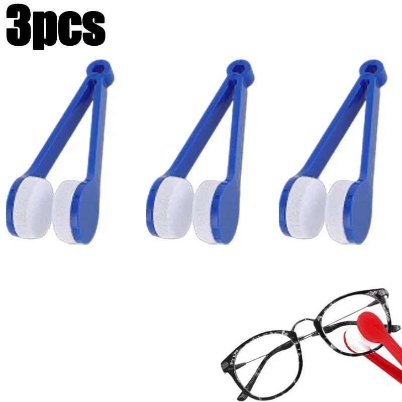 Three pairs of blue microfiber glasses cleaning tools with white tips and a pair of eyeglasses.