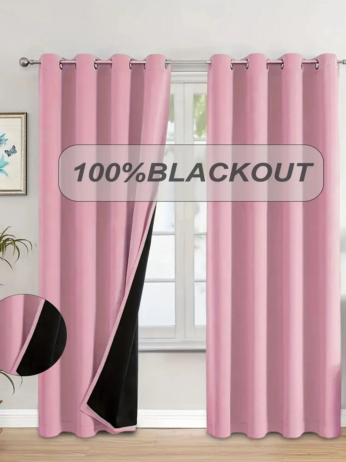 Pink blackout curtain panels hanging in a window frame.