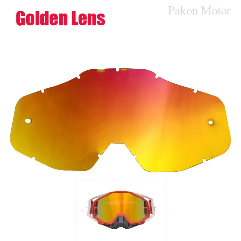 Golden Lens motorcycle goggles with an orange-tinted lens and red frame shown in various views.