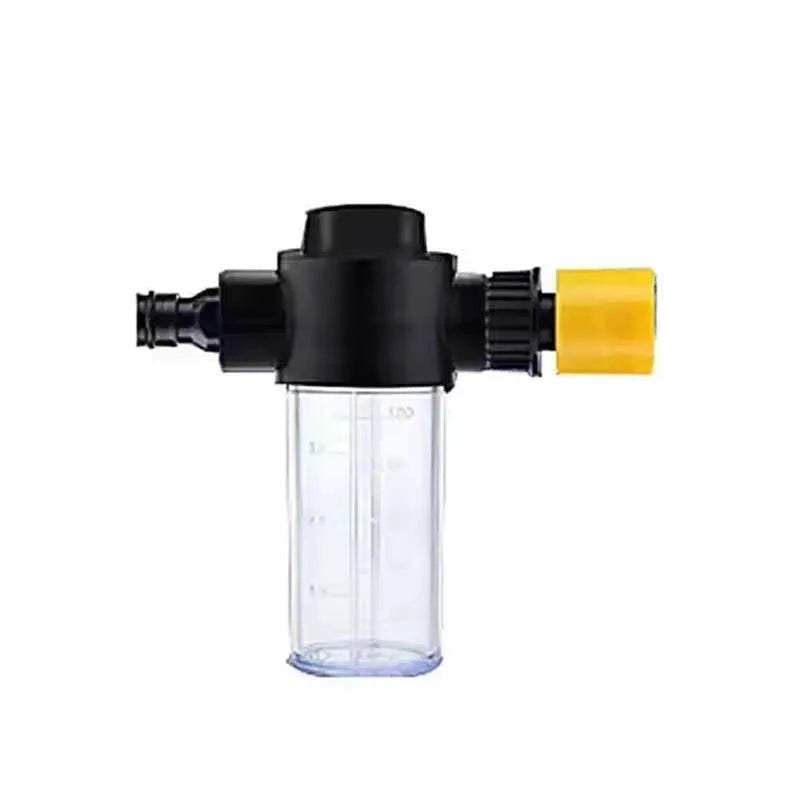 Black high-pressure car wash gun with a clear plastic bottle and a yellow nozzle.