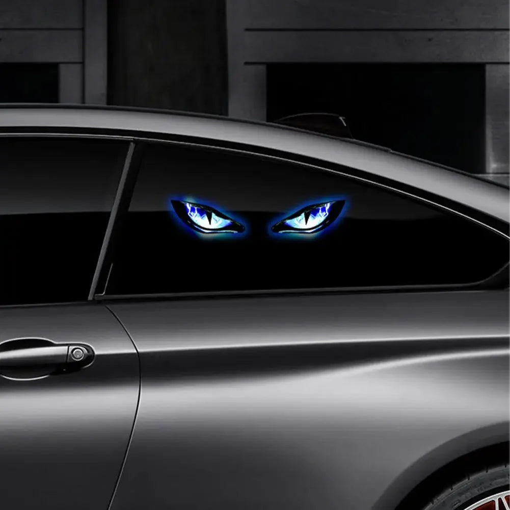 A car exterior featuring a custom ambient light design resembling demon eyes on the side panel.