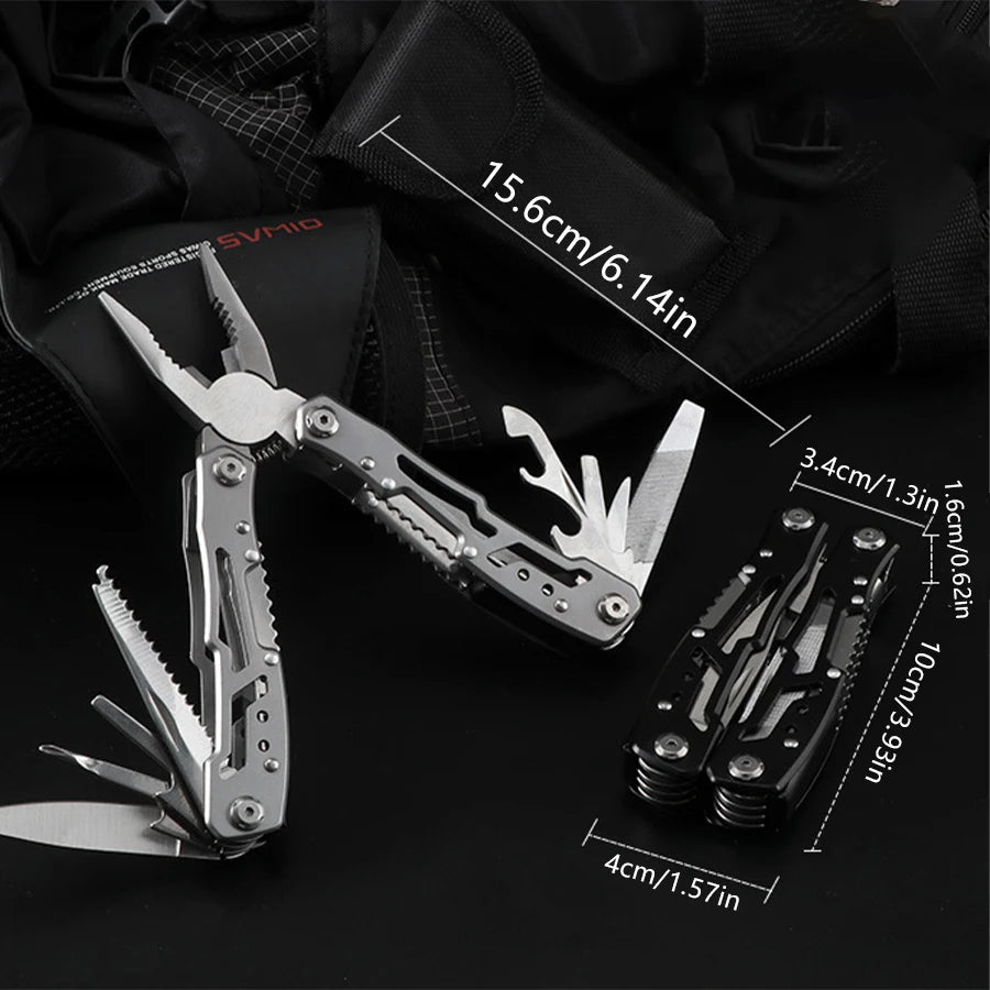 A stainless steel pocket multitool featuring pliers and various tools laid out on a black background.