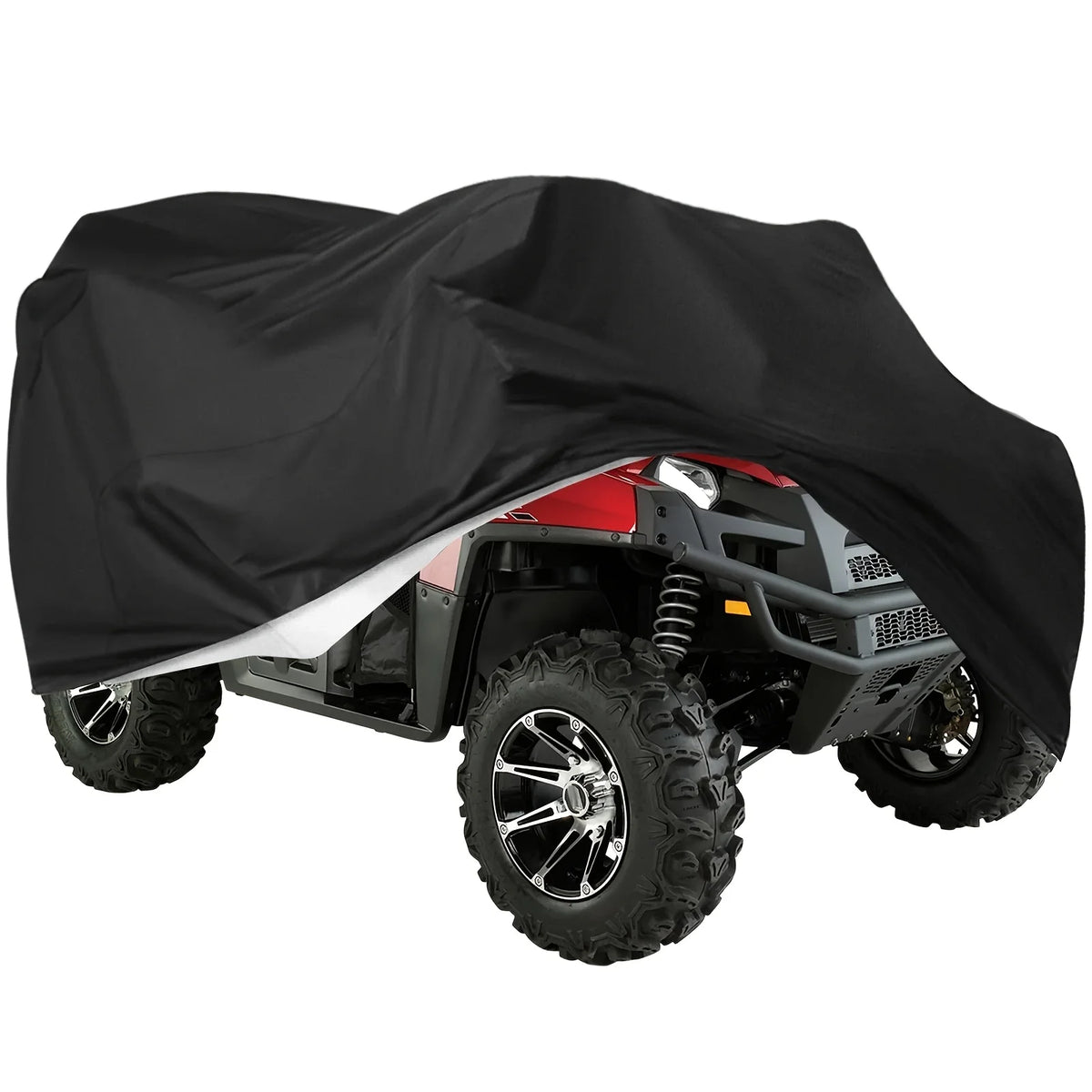 A black heavy-duty ATV cover is shown protecting a red and black off-road vehicle from the elements.