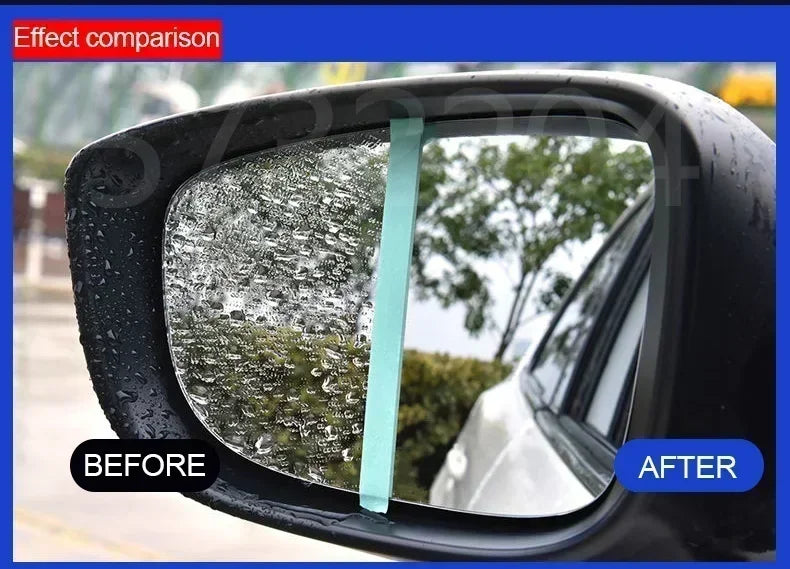 Comparison of a car's side mirror before and after applying a hydrophobic glass rain repellent spray.