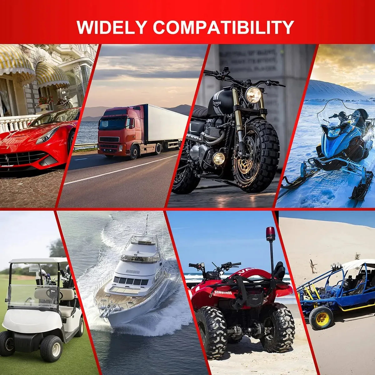 A collage showing various automotive and marine products including a red car, a truck, motorcycles, boats, and a golf cart.
