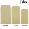 Three kraft paper cash envelopes shown with their dimensions: 8.89x16.5cm, 7.9x14cm, and 5.7x8.89cm.