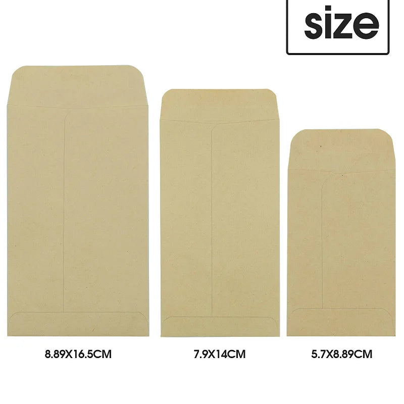 Three kraft paper cash envelopes shown with their dimensions: 8.89x16.5cm, 7.9x14cm, and 5.7x8.89cm.
