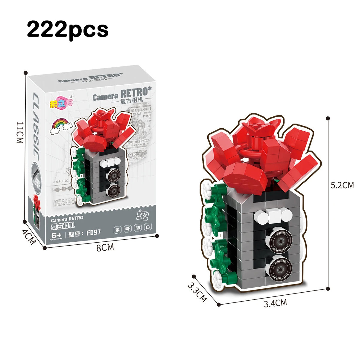 A box of a Camera RETRO building block set featuring a camera and flower bonsai components.