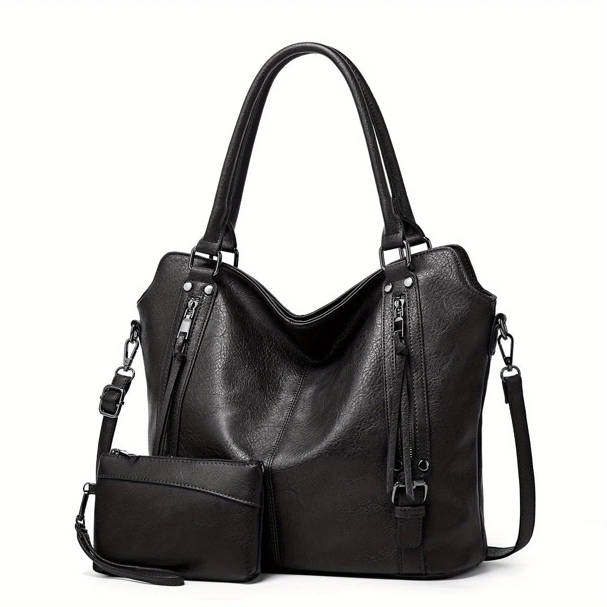 Black women's PU leather tote bag with a detachable crossbody strap.