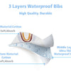 Diagram showing the three layers of a waterproof bib: Cotton top, ultra-thin waterproof middle layer, and cotton bottom.