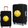 Black suitcase with a yellow daisy print design on the front.