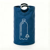 A navy blue foldable laundry basket with padded handles featuring a white outline of a bottle and a star symbol.