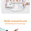 Reusable waterproof wet bag set with hanging hook shown in a colorful patterned fabric